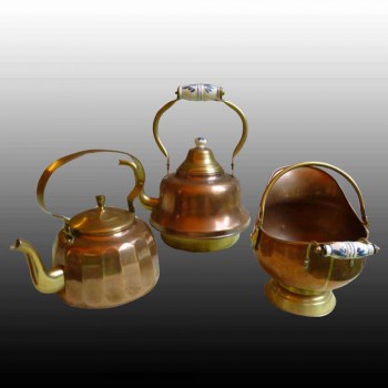 kettle-cauldron in tinned copper and porcelain-folk art 19th century