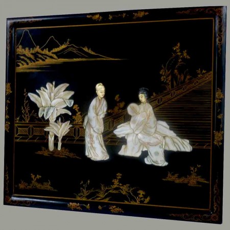 Lacquered wood panel and mother-of-pearl inlays