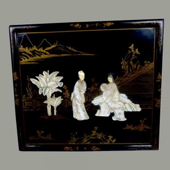 Lacquered wood panel and mother-of-pearl inlays