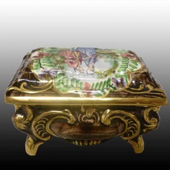 Bequet-Quaregnon-coffret bonbonnière en faïence-Belgique-peint main et rehaut d'or