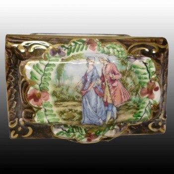 Bequet-Quaregnon-earthenware candy box-Belgium-hand painted and heightened with gold