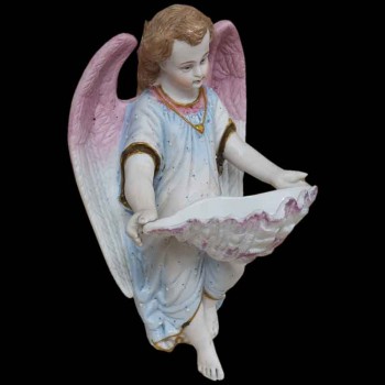 Antico angelo acquasantiera in biscotto tedesco del XIX secolo