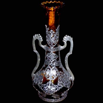 Art Nouveau glazen en tinnen soliflore vaas